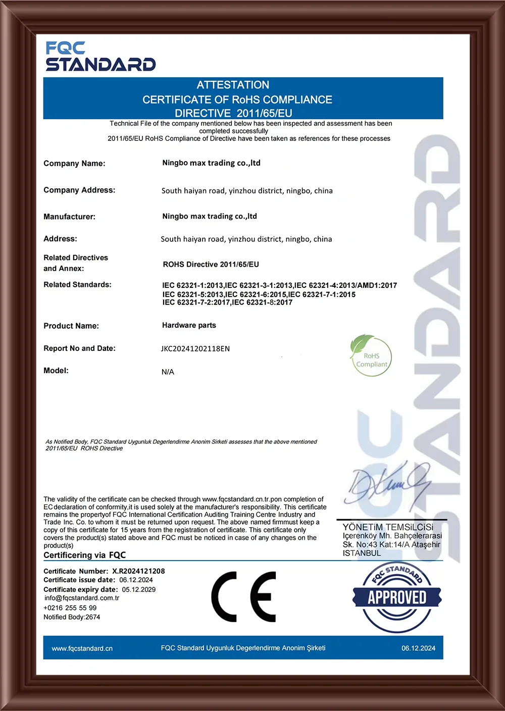 CE Certificate of Max Trading Motorcycle Parts