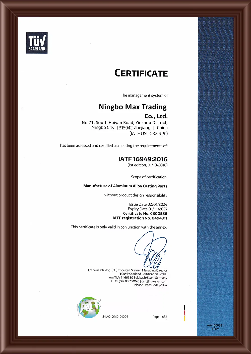 IATF 16949 Automotive Quality Management Certificate